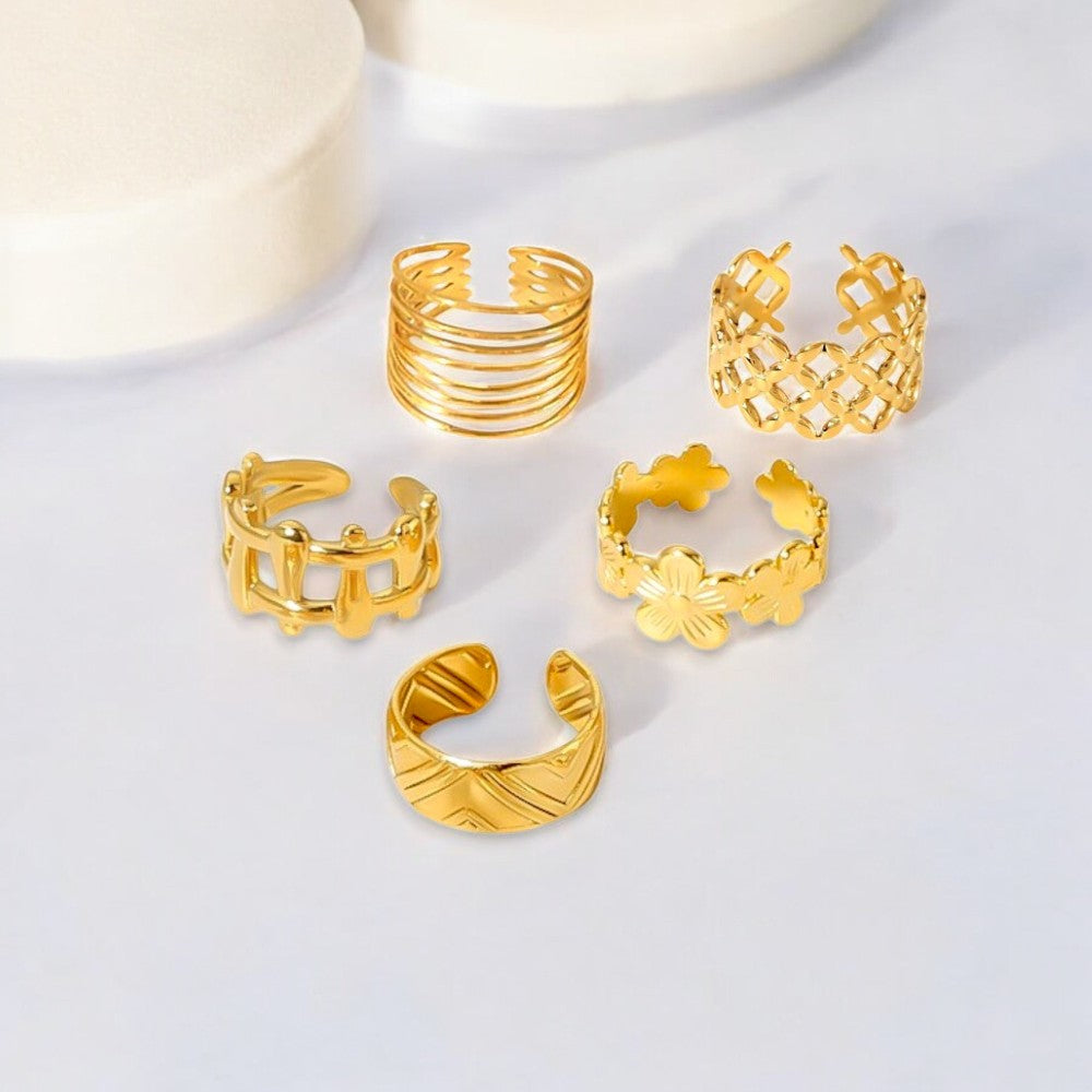 Set of 5 18K Gold Plated Rings