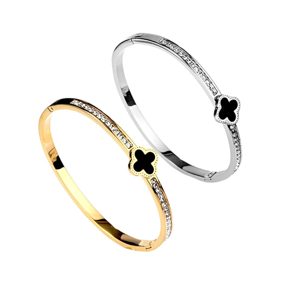 Hot diamond Clover Titanium Steel Open Bangle