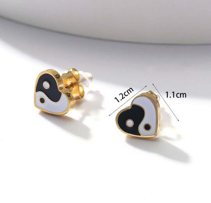 Yin and Yang Heart 14K Gold Plated Ear Studs