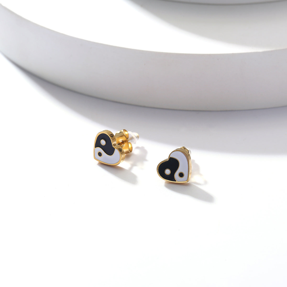 Yin and Yang Heart 14K Gold Plated Ear Studs